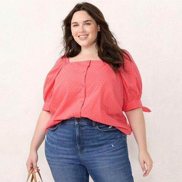 NWT Lauren Conrad Button Front Square Neck Puff Sleeve Top Large - Picture 1 of 6